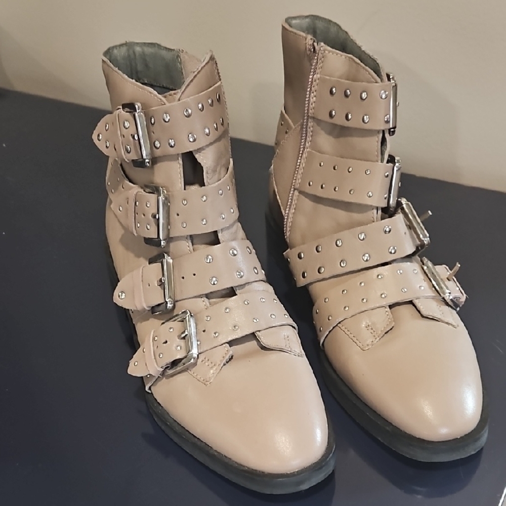 Topshop Beige Studded Combat Boots